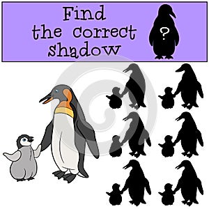 Educational game: Find the correct shadow. Mother penguin with baby