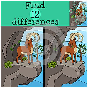 Educational game: Find differences. Cute ibex with great horns.