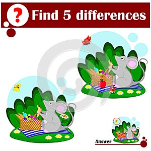 Educational game: Find differences. Cute mouse on a picnic in nature with a basket of food