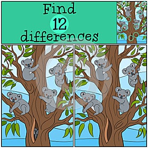 Educational game: Find differences. Four koala babies smile.