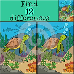 Educational game: Find differences. Little cute green sea turtle swims underwater and smiles