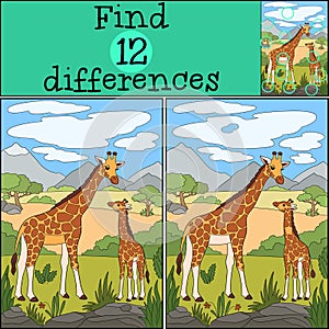 Educational game: Find differences. Mother giraffe stands with her little cute baby giraffe. They smile