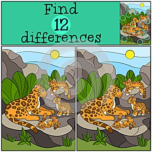 Educational game: Find differences. Mother jaguar with her cubs.
