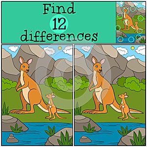 Educational game: Find differences. Mother kangaroo with her baby.