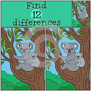 Educational game: Find differences. Mother koala with her cute b