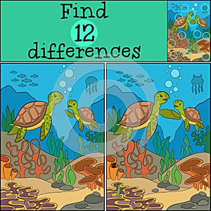 Educational game: Find differences. Mother sea turtle swims with her little cute baby and smile