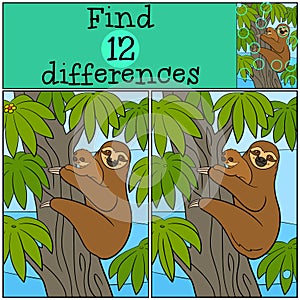 Educational game: Find differences. Mother sloth with her baby