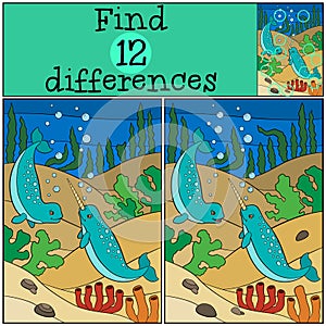 Educational game: Find differences. Two little cute narwhals swim.