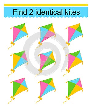 Educational game. Find two identical kites. Task for development of attention and logic. Vector