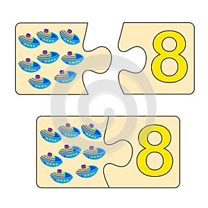 Educational game for kids. Find right picture for number. Puzzle with number eight and toys ships. Puzzle Game, Mosaic