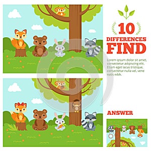 Educational game for kids with funny forest mascots. Vector cartoon illustration with differences elements