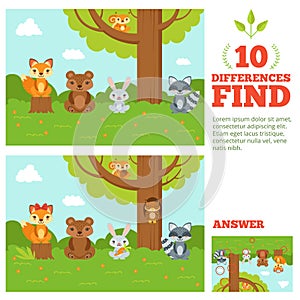 Educational game for kids with funny forest mascots. Vector cartoon illustration with differences elements photo