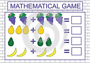 Educational game for kids. Learning counting, addition. Vector illustration
