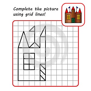Educational game for kids. Simple exercise. Castle drawing using gri