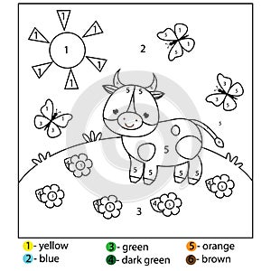 Educational game for kids and toddlers. Color by numbers. Printable worksheet for children. Coloring page with cow