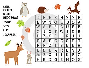 Educational game for kids. Word search game. Forest animals.