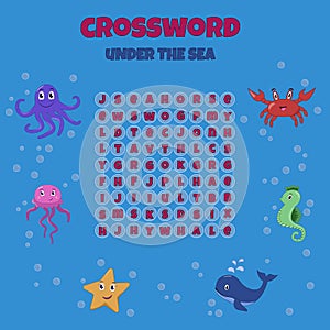 Educational game for kids. Word search puzzle with cartoon sea animals.