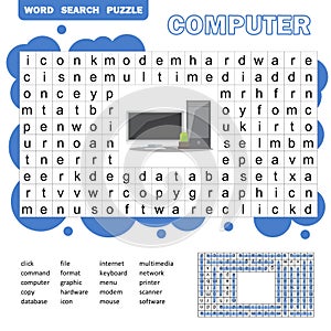 Educational game for kids. Word search puzzle with computer items. Kids activity