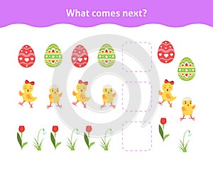 Educational game for toddlers with cute chickens, tulip, Easter ornate eggs.