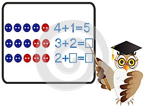 Educational games for children, on the composition of the five, example with buttons with owl teacher.