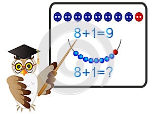 Educational games for children, mathematical addition, formation number nine, with owl teacher.