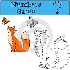 Educational games for kids: Numbers game. Cute fox looks at the butterfly