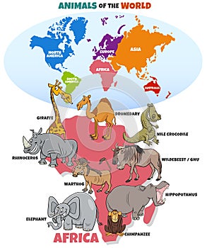 Educational illustration with African animals and continents