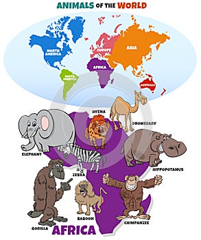 Educational illustration with African animals and continents map