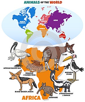 Educational illustration with African animals and continents map