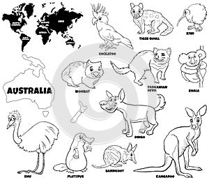 Educational illustration of Australian animals color book page