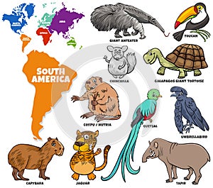 Educational illustration of cartoon South American animals set
