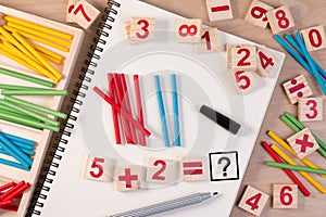 Educational kids math toy wooden board stick game counting set in kids math class kindergarten.