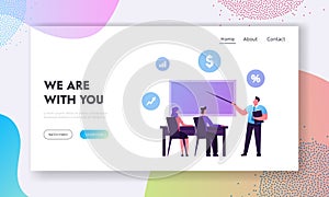 Educational Loan, Scholarship Landing Page Template. Students Characters Sitting at Desk Listening Teacher photo