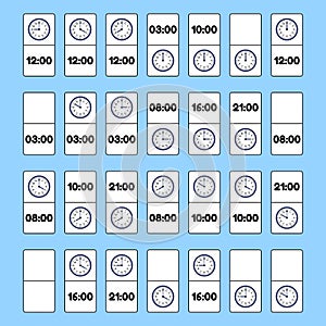 Educational logic game for kids. Board game domino. What time is it Round watch.