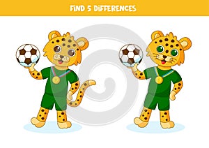 Educational logical game for kids. Find 5 differences. Leopard holding ball.