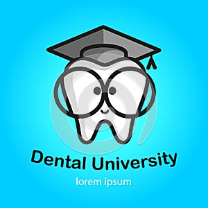 Educational logo. White tooth with big glasses. Trowel, square academic cap, graduation hat icon. Vector