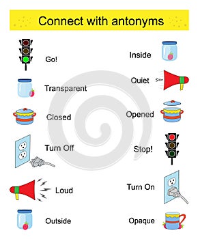 Educational material for kids. Connect with antonyms. Opposites words.