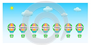 Educational material for kids. Learn days of the week. Cartoon hot air balloon design with Days of the week cards. Vector