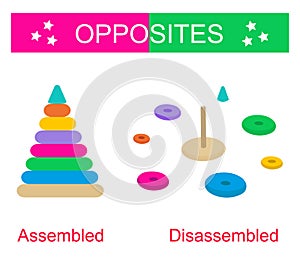 Educational material for kids. Opposites words: assembled and disassembled.