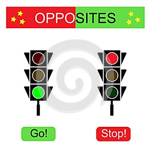 Educational material for kids. Opposites words: go and stop.