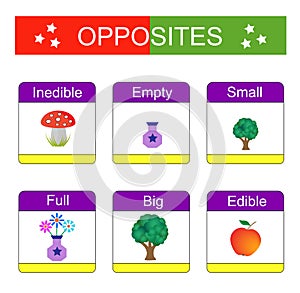 Educational material for kids opposites words. Learning cards.