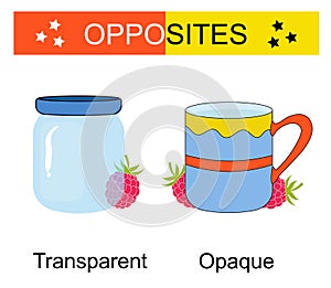 Educational material for kids. Opposites words: opaque and transparent.