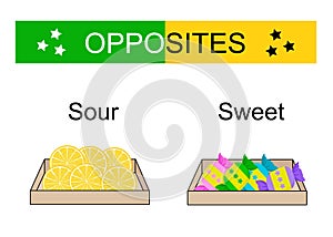 Educational material for kids. Opposites words: sweet sour.