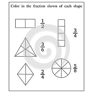 Educational math activity page with puzzles and coloring fractions, spatial skills