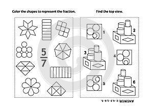 Educational math activity page with two puzzles and coloring - fractions, spatial skills