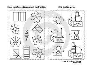 Educational math activity page with two puzzles and coloring - fractions, spatial skills