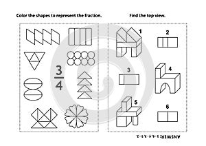 Educational math activity page with two puzzles and coloring - fractions, spatial skills