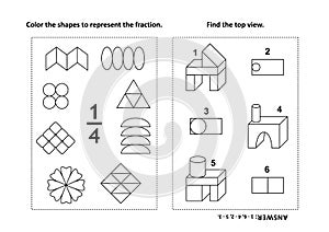 Educational math activity page with two puzzles and coloring - fractions, spatial skills