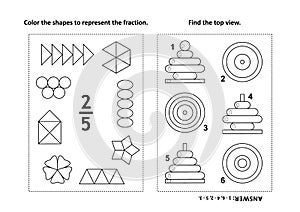 Educational math activity page with two puzzles and coloring - fractions, spatial skills