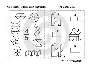 Educational math activity page with two puzzles and coloring - fractions, spatial skills